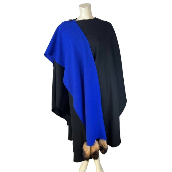 Cest Simone Jackets & Blazers - Vintage Cest Simone Black Blue Cape Cloak Coat Wool Fur Tails Trim Long Scarf